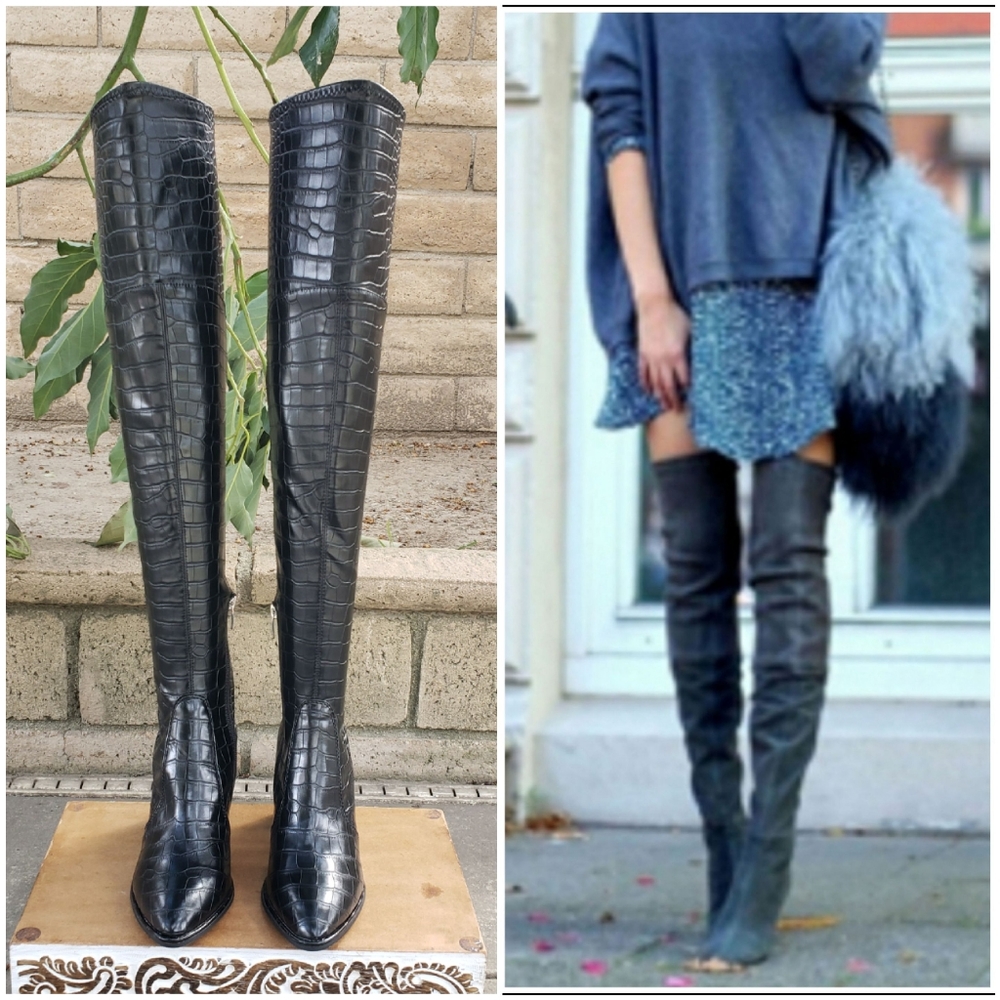 HTF Sassy Fierce Sexy Marc Fisher OTK Black Croc Embossed Boots - Picture 2 of 16